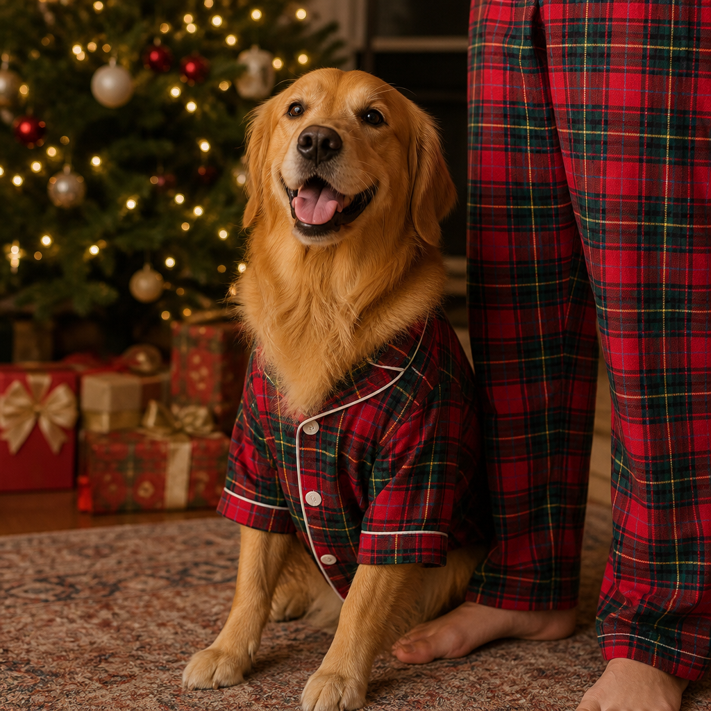Golden retriever in tartan dog pajamas by the Christmas tree