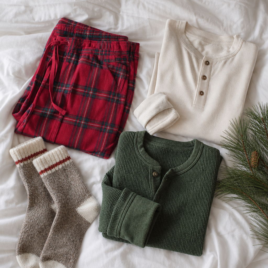 Flat lay of plaid pajama pants, a cream henley and a green waffle top