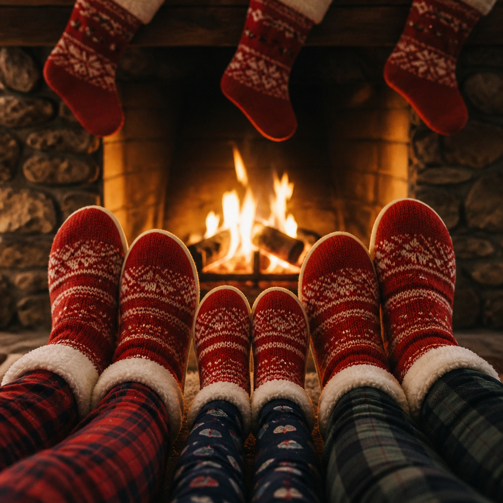 Family's feet in matching red slippers by a fireplace with stockings