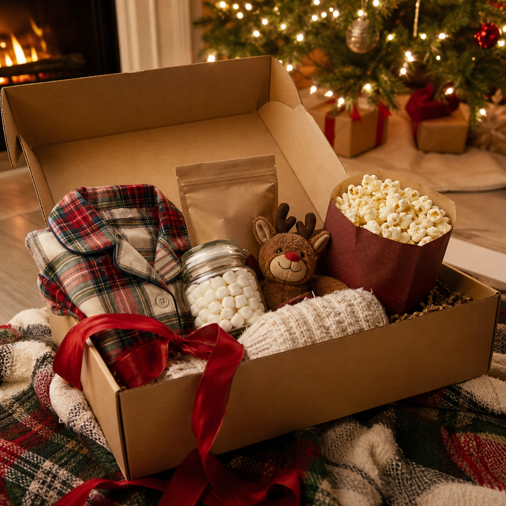 Christmas Eve box with folded tartan pajamas, cocoa and marshmallows