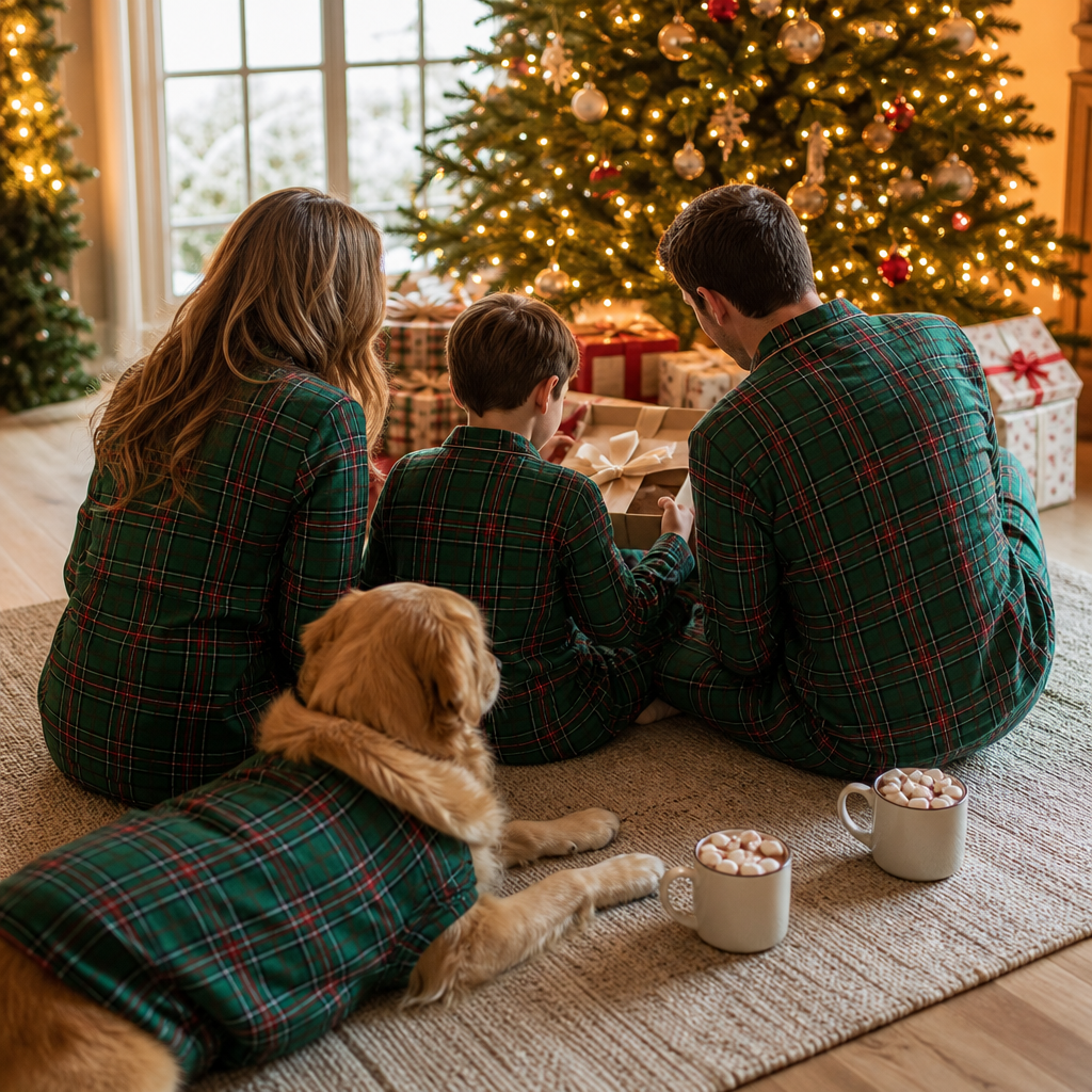 Family and dog in matching tartan Christmas pajamas opening gifts by the tree