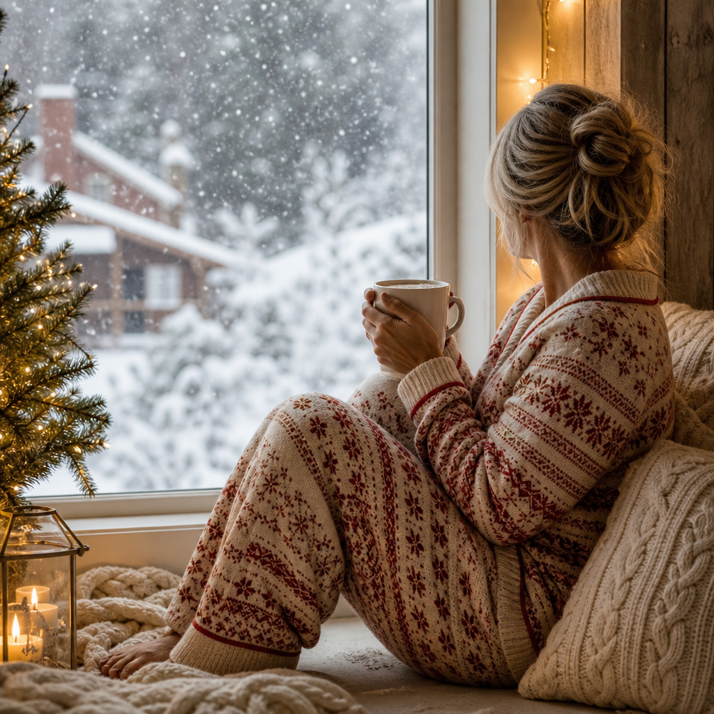Woman in a Fair Isle knit pajama set on a snowy window seat with cocoa