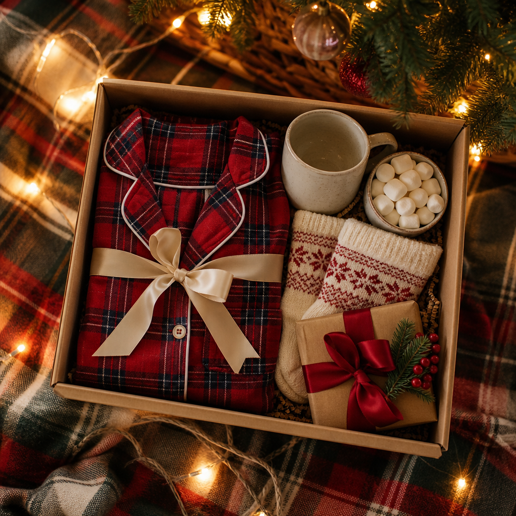 Christmas Eve box with folded red flannel pajamas, mug and cozy socks