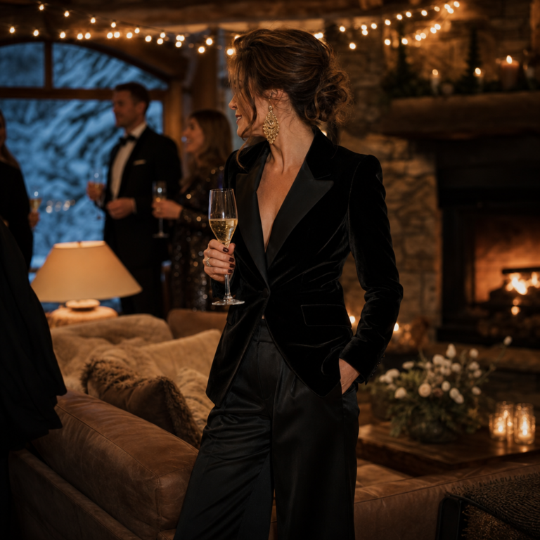 Woman in a black velvet blazer and satin trousers holding champagne at a New Year's Eve party