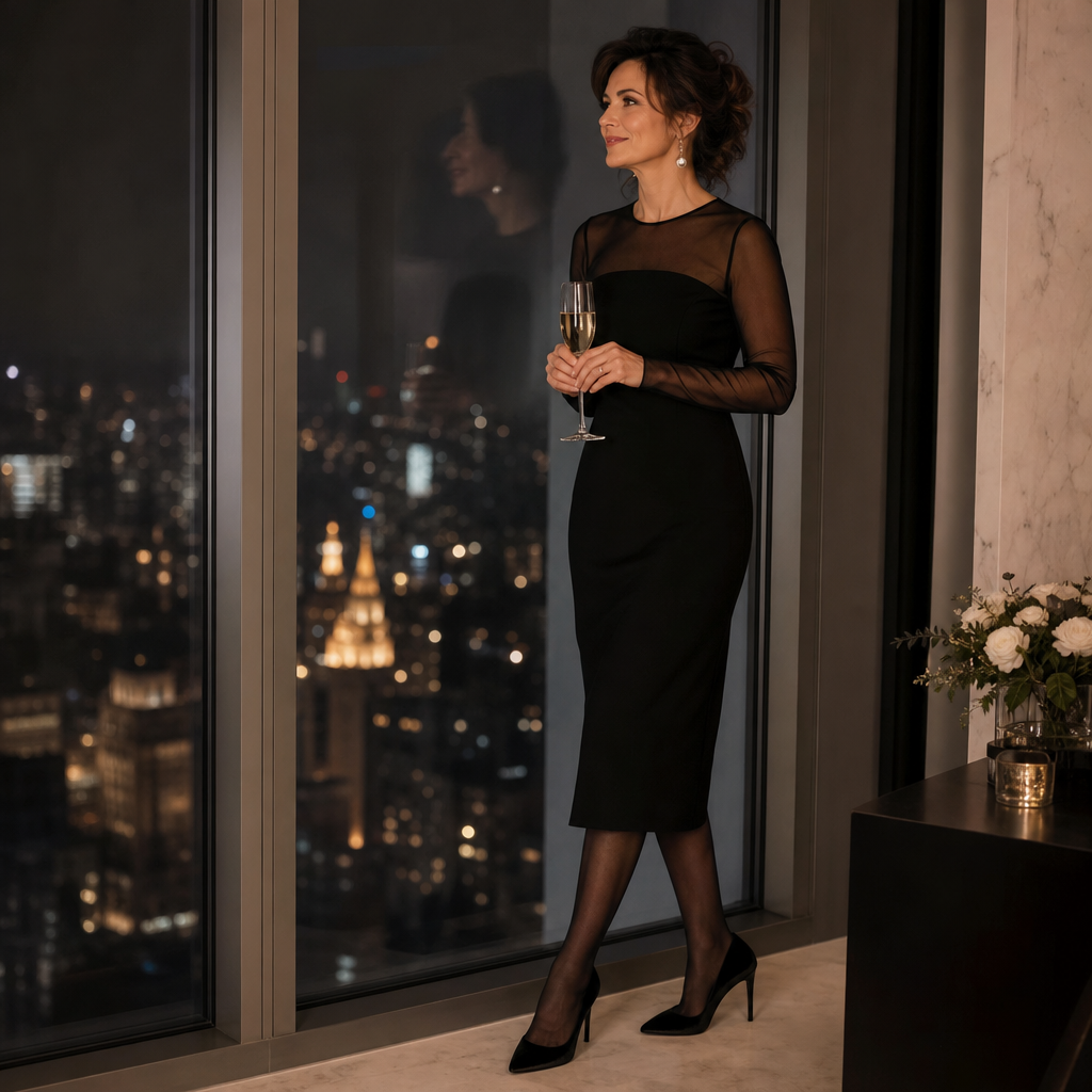 Woman in a little black dress with sheer sleeves and pearl earrings by a window at night