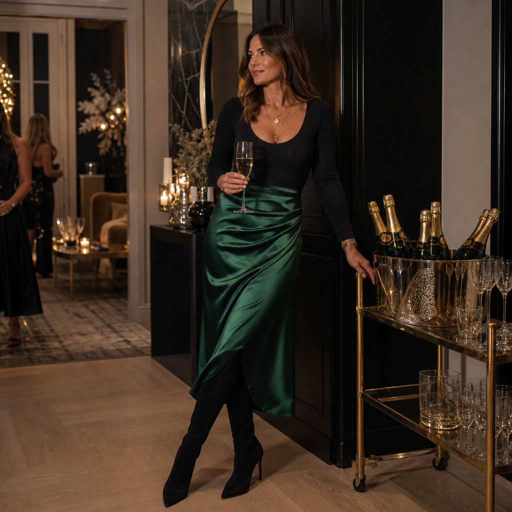 Woman in an emerald satin midi skirt and black bodysuit by a champagne bar cart