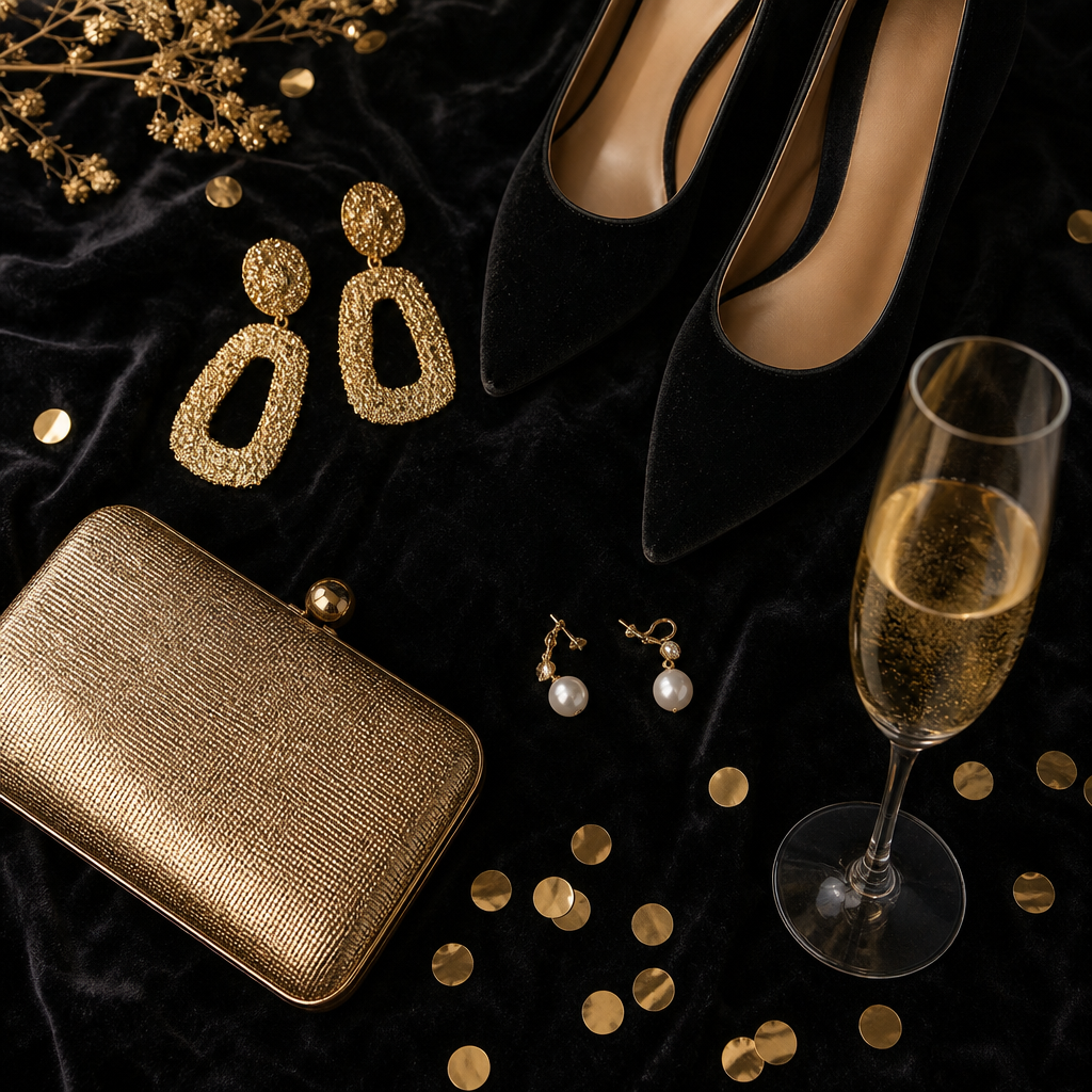 Flat lay of New Year's Eve accessories: gold earrings, clutch, velvet heels and champagne